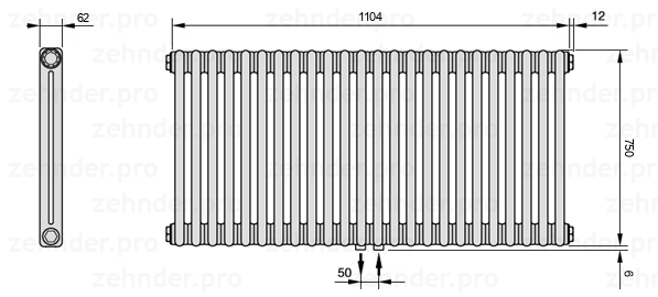 Схема (чертеж) Радиатор Zehnder Charleston 2075/24 №5410 Белый глянцевый RAL 9016